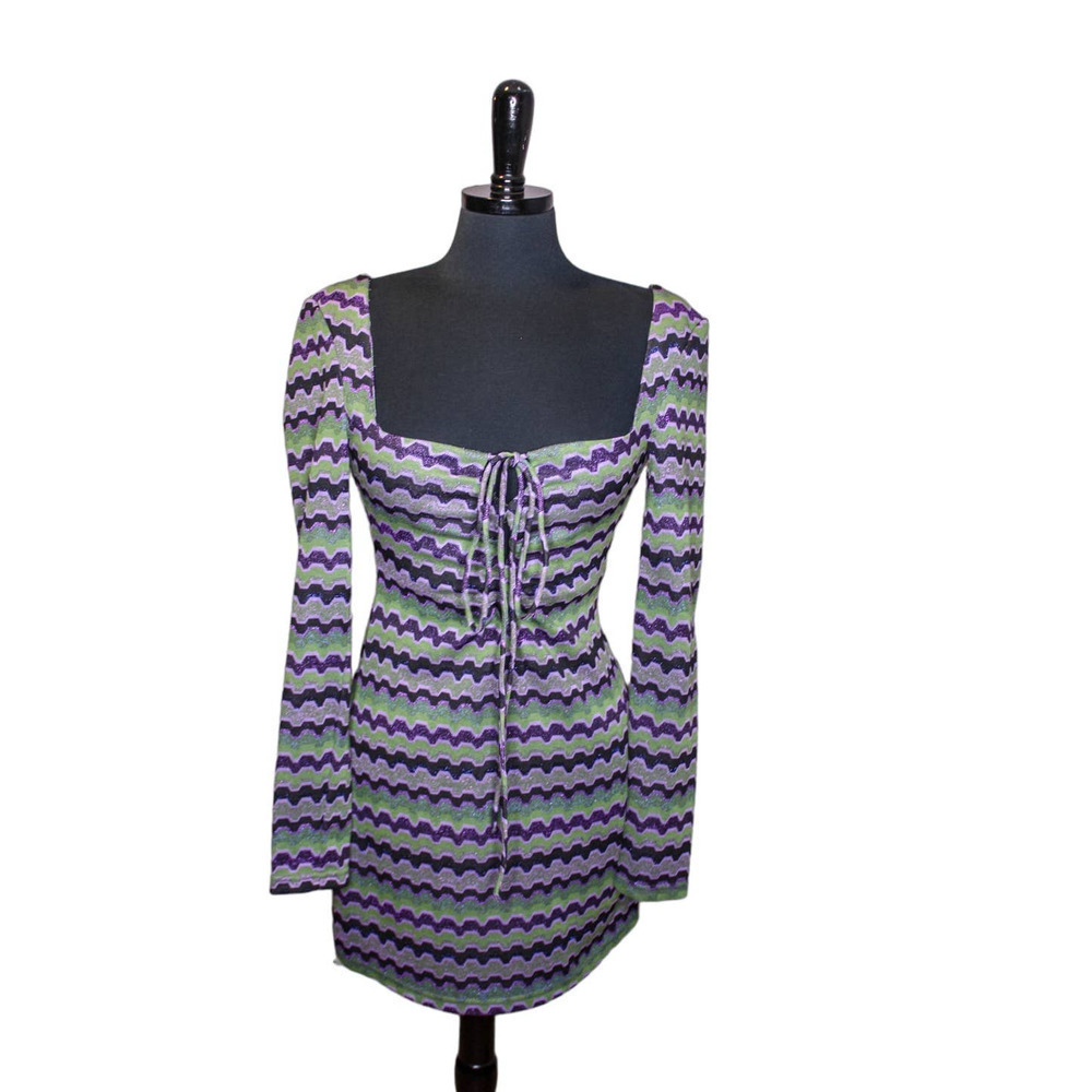 Zara Mini Long Sleeves Lace Up Front Striped Sparkle Green Purple Black Size S